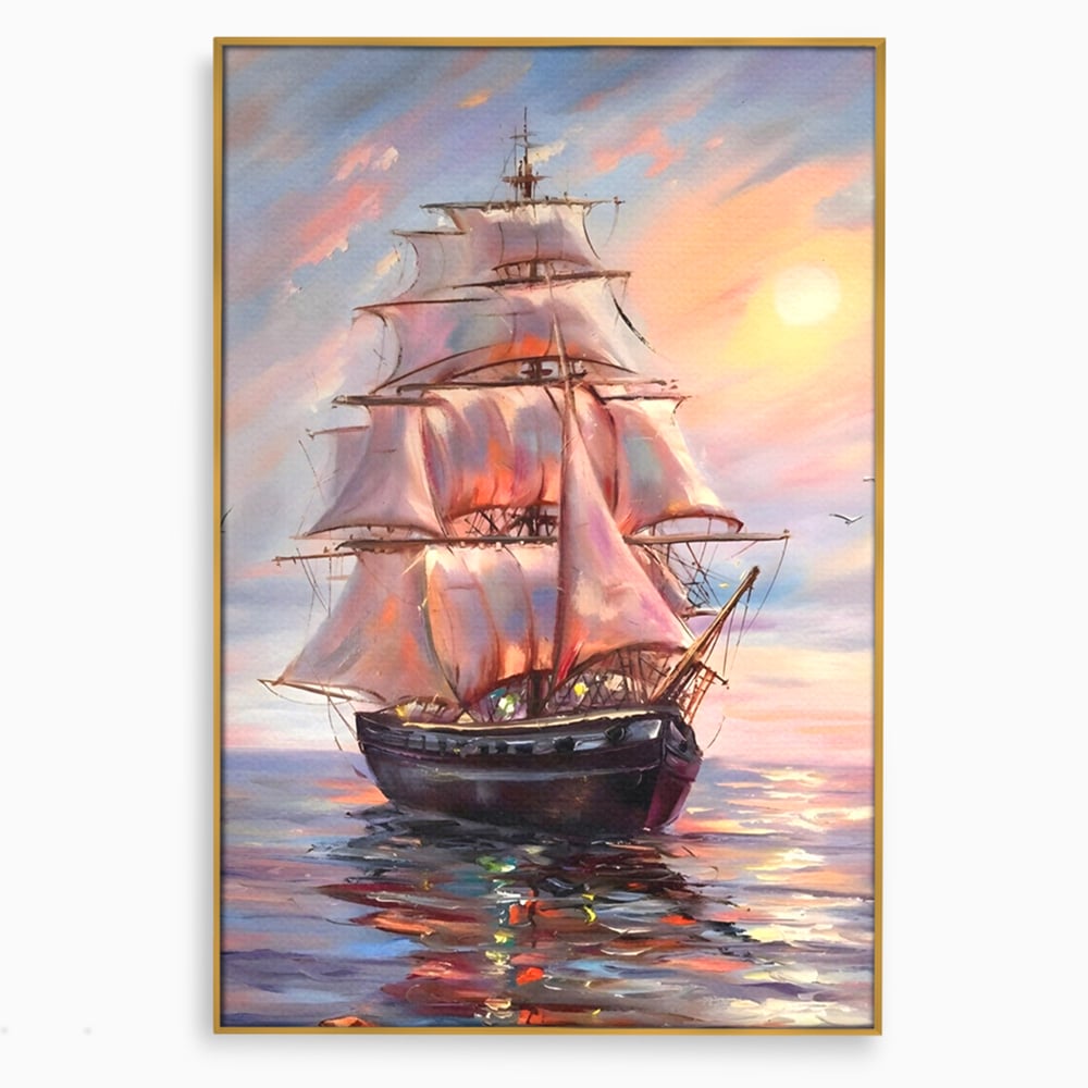 Tablou canvas cu tablou canvas cu vapor cu vele pe mare, in rama de aluminiu auriu
