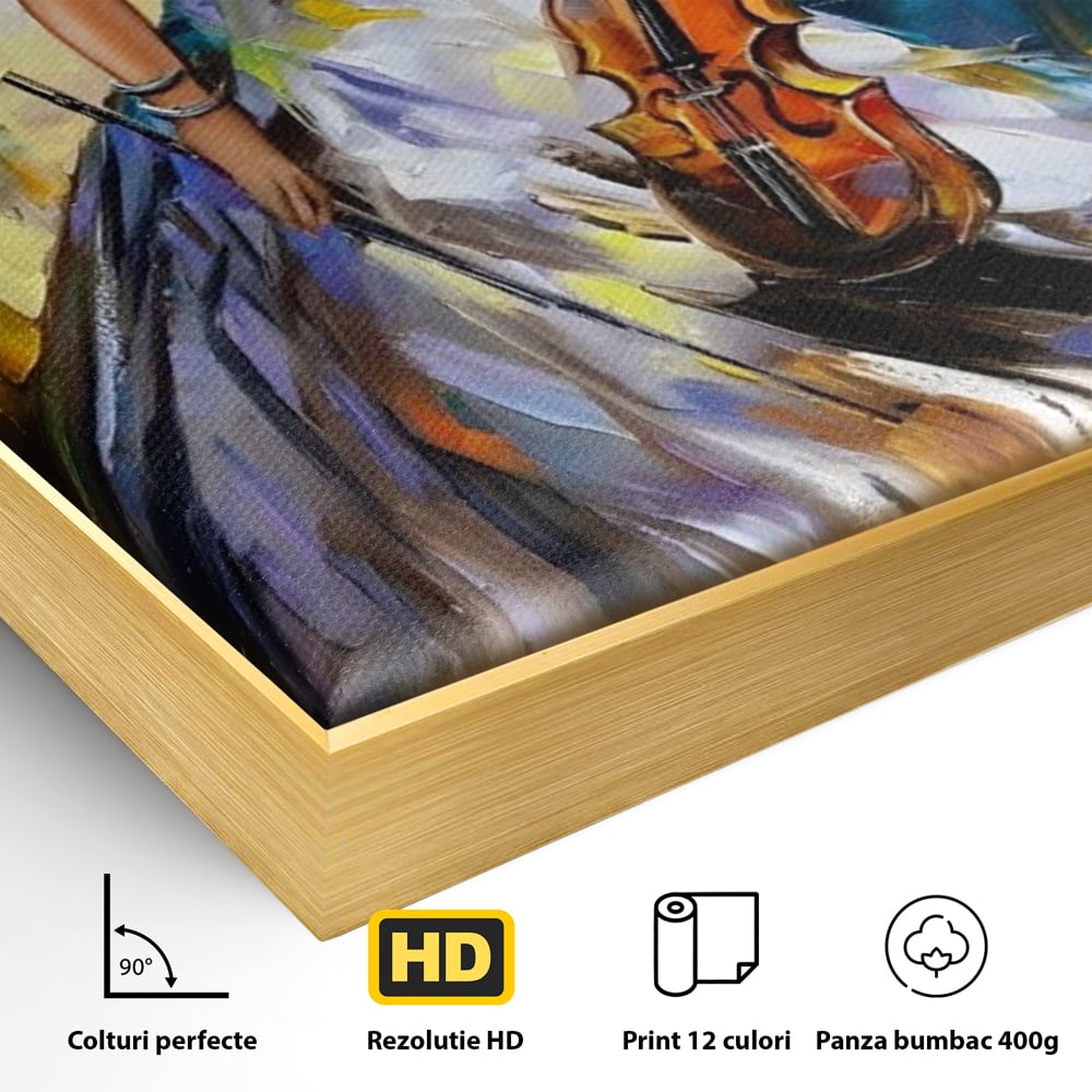 Detaliu al suprafetei: tablou canvas cu femeie si vioara, in rama de aluminiu auriu