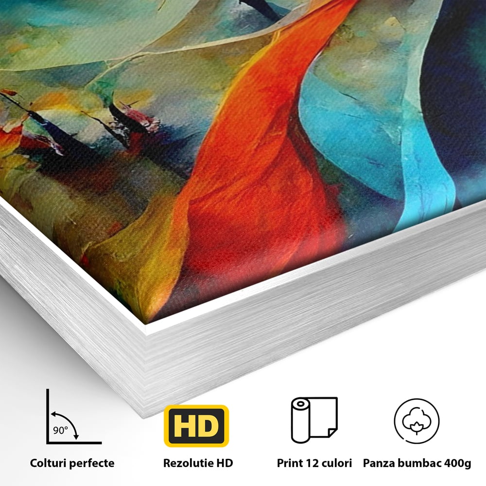 Detaliu al suprafetei: pictura abstracta cu valuri colorate, in rama de aluminiu argintiu