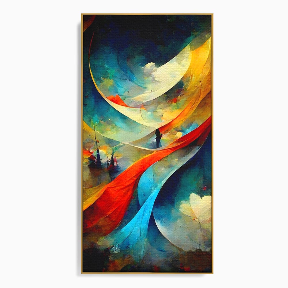 Tablou canvas cu pictura abstracta cu valuri colorate, in rama de aluminiu auriu