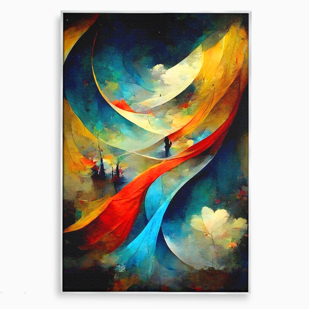 Tablou canvas cu pictura abstracta cu valuri colorate, in rama de aluminiu argintiu