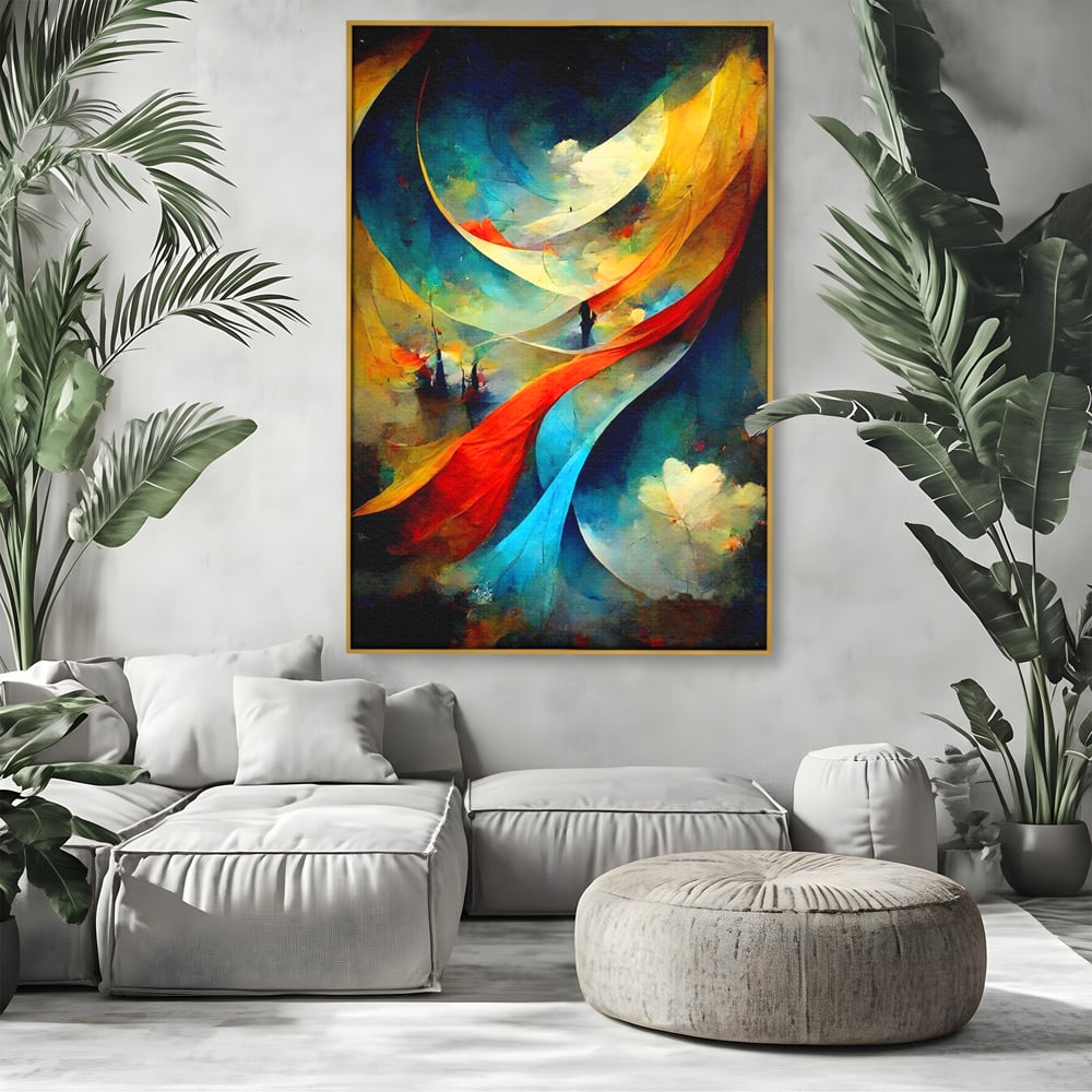 Tablou canvas cu pictura abstracta cu valuri colorate, in rama de aluminiu auriu, pe perete intr-un living