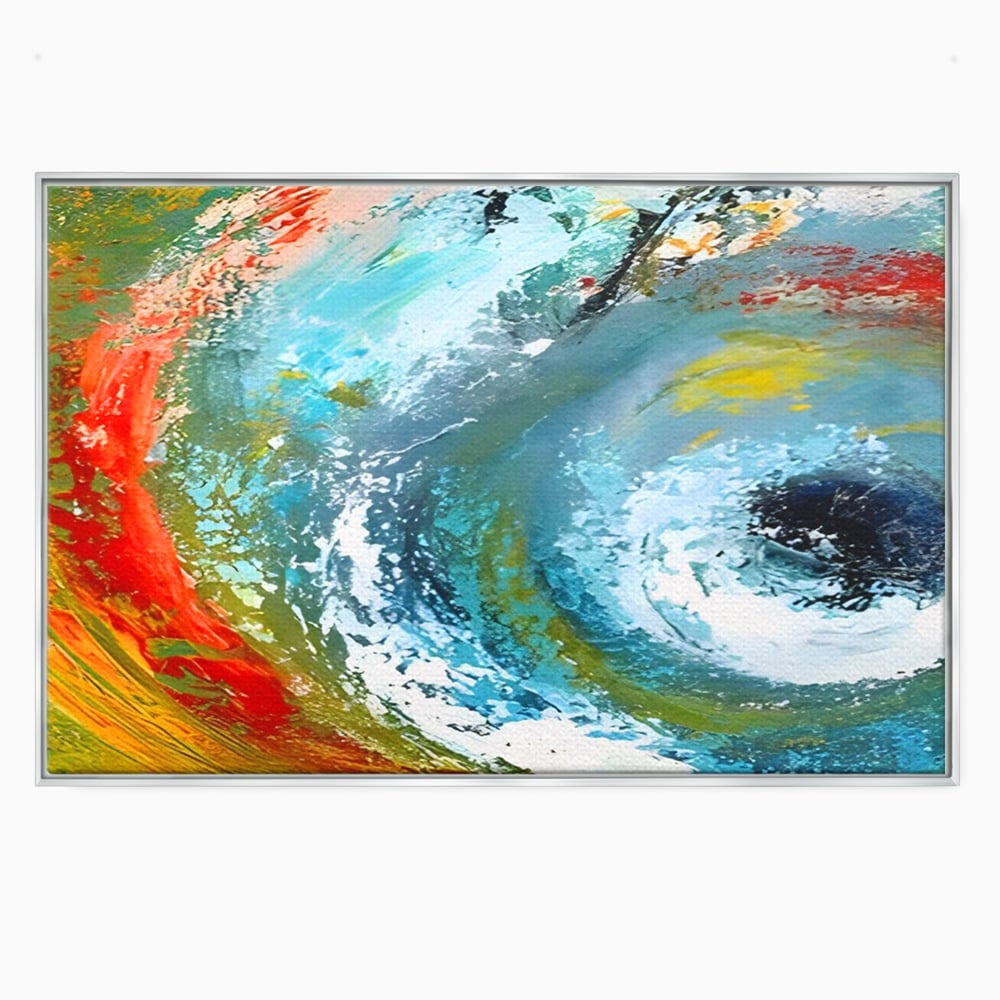Tablou canvas cu pictura abstracta cu vartej de culori, in rama de aluminiu argintiu