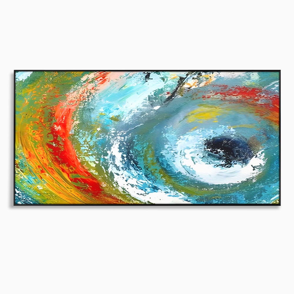 Tablou canvas cu pictura abstracta cu vartej de culori, in rama de aluminiu negru