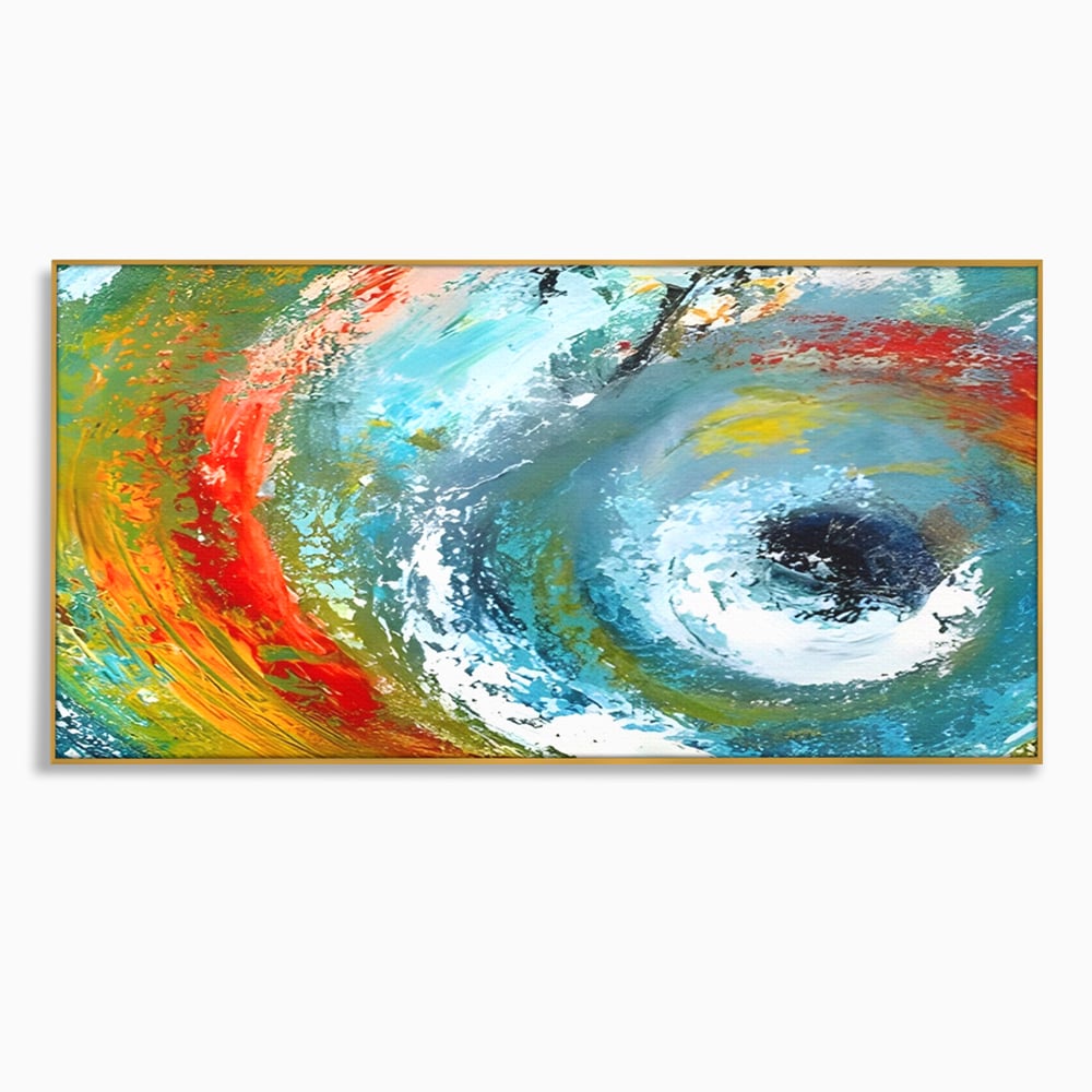 Tablou canvas cu pictura abstracta cu vartej de culori, in rama de aluminiu auriu