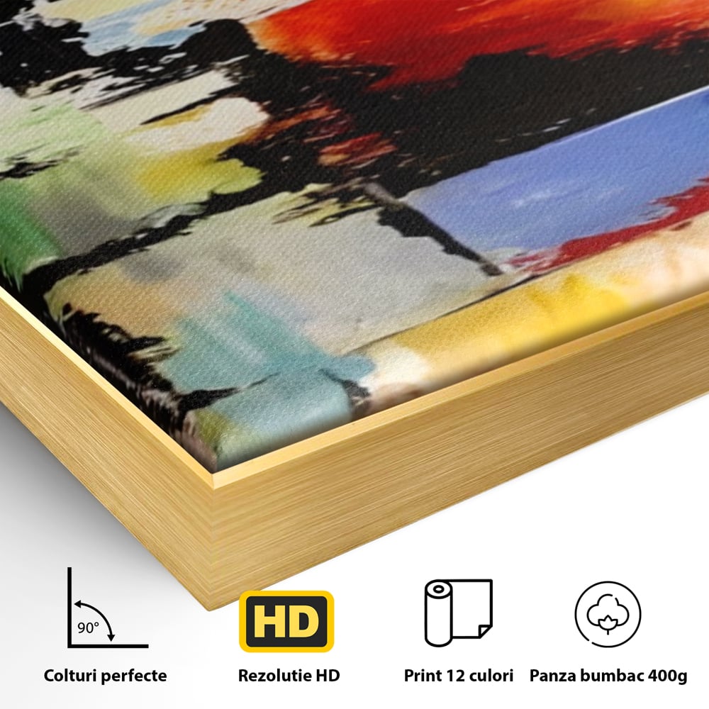 Detaliu al suprafetei: tablou canvas pictura abstracta cromatica, in rama de aluminiu auriu