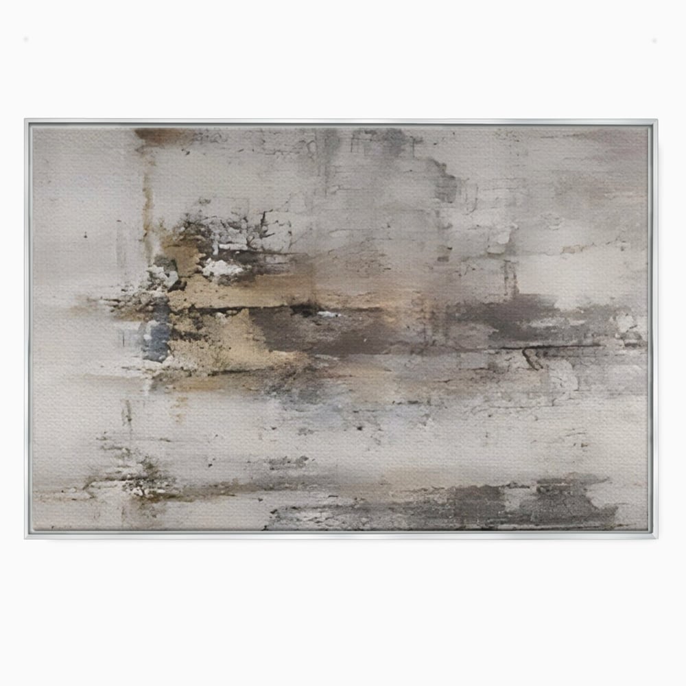 Tablou canvas cu pictura abstracta cu texturi gri si bronz, in rama de aluminiu argintiu