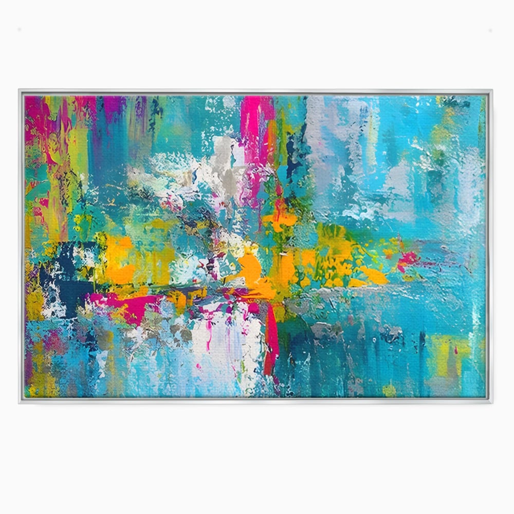 Tablou canvas cu pictura abstracta cu pete albastre si galbene, in rama de aluminiu argintiu
