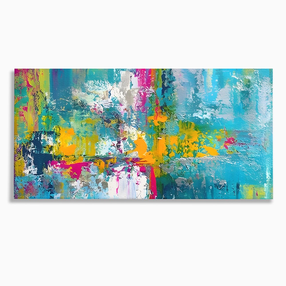 Tablou canvas cu pictura abstracta cu pete albastre si galbene, fara rama, pe sasiu de lemn