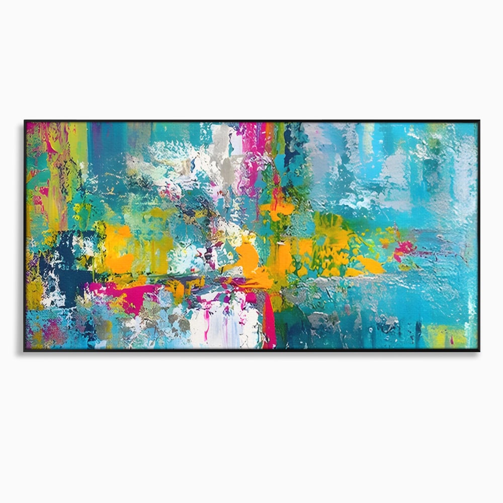 Tablou canvas cu pictura abstracta cu pete albastre si galbene, in rama de aluminiu negru
