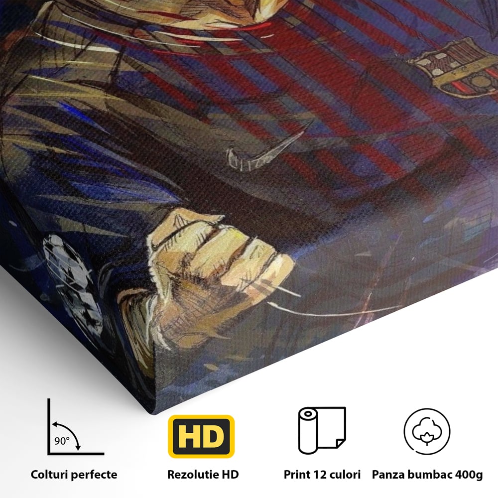 Detaliu al suprafetei: portret ilustrat in culori vibrante cu lionel messi, fara rama, pe sasiu de lemn