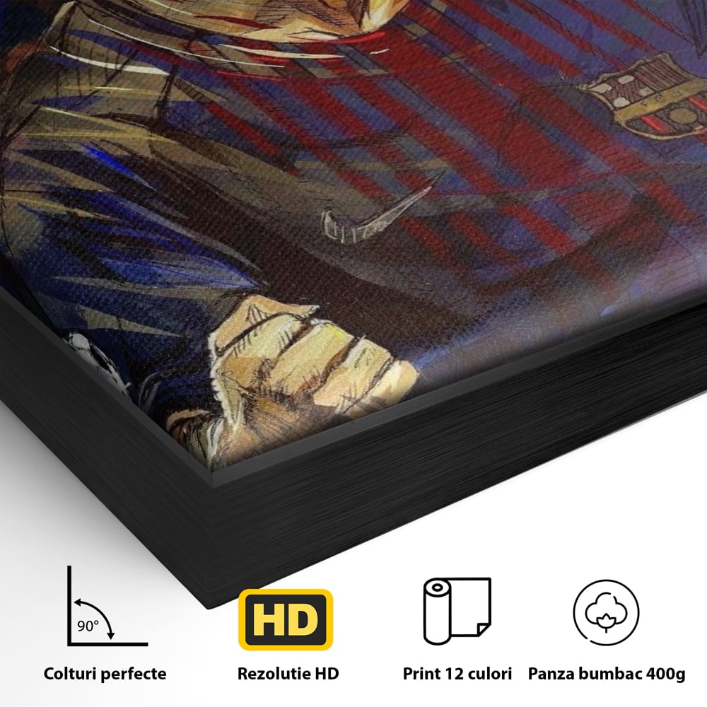 Detaliu al suprafetei: portret ilustrat in culori vibrante cu lionel messi, in rama de aluminiu negru