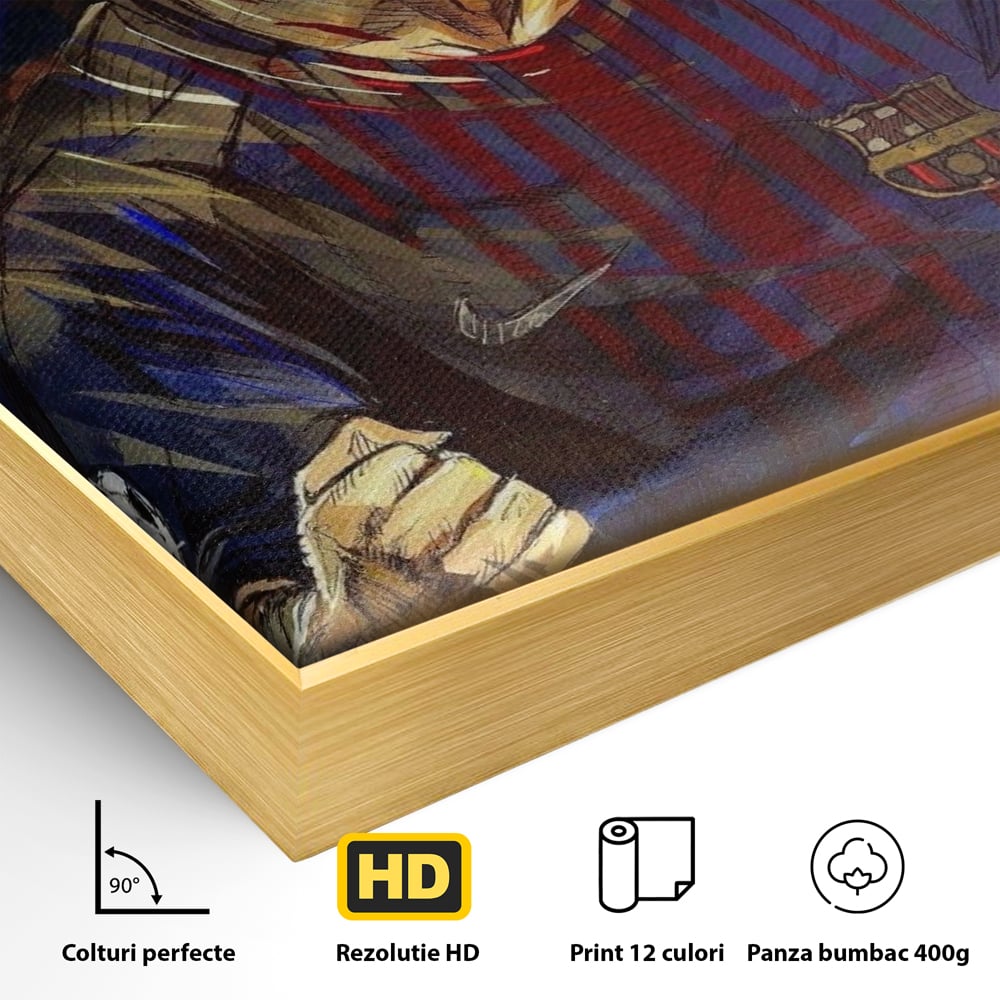 Detaliu al suprafetei: portret ilustrat in culori vibrante cu lionel messi, in rama de aluminiu auriu