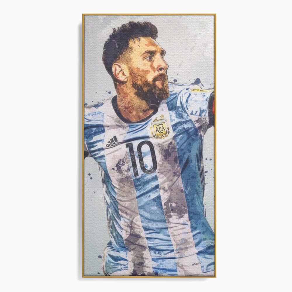 Tablou canvas cu tablou canvas cu lionel messi in tricoul argentinei, in rama de aluminiu auriu