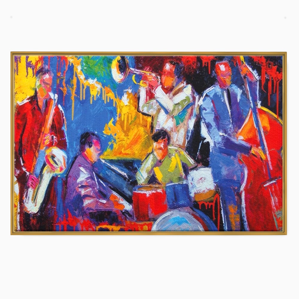 Tablou canvas cu pictura abstracta cu formatie de jazz, in rama de aluminiu auriu