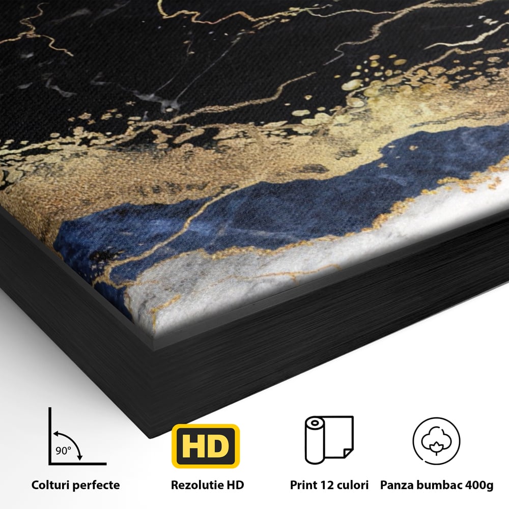 Detaliu al suprafetei: tablou abstract cu marmura si auriu, in rama de aluminiu negru