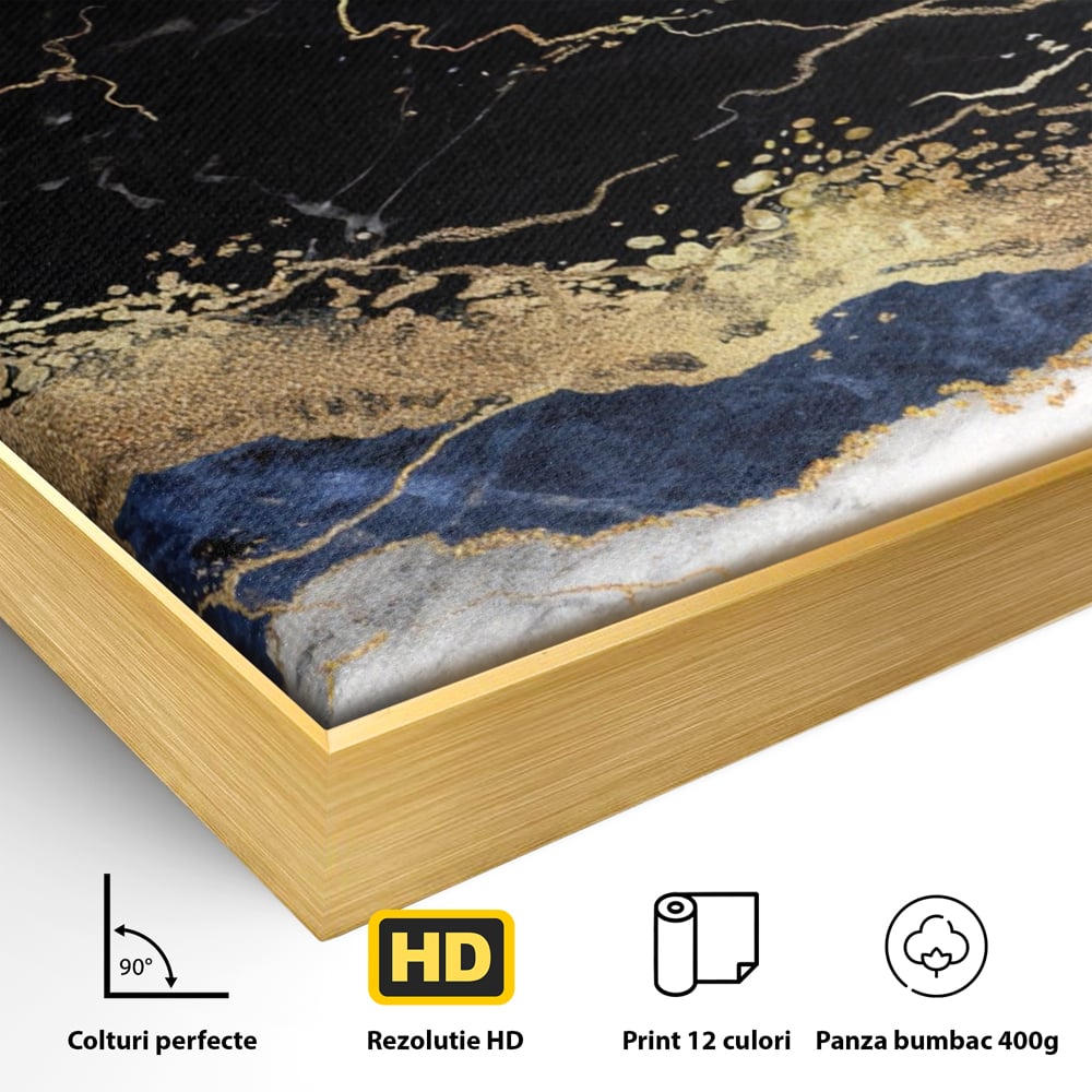 Detaliu al suprafetei: tablou abstract cu marmura si auriu, in rama de aluminiu auriu