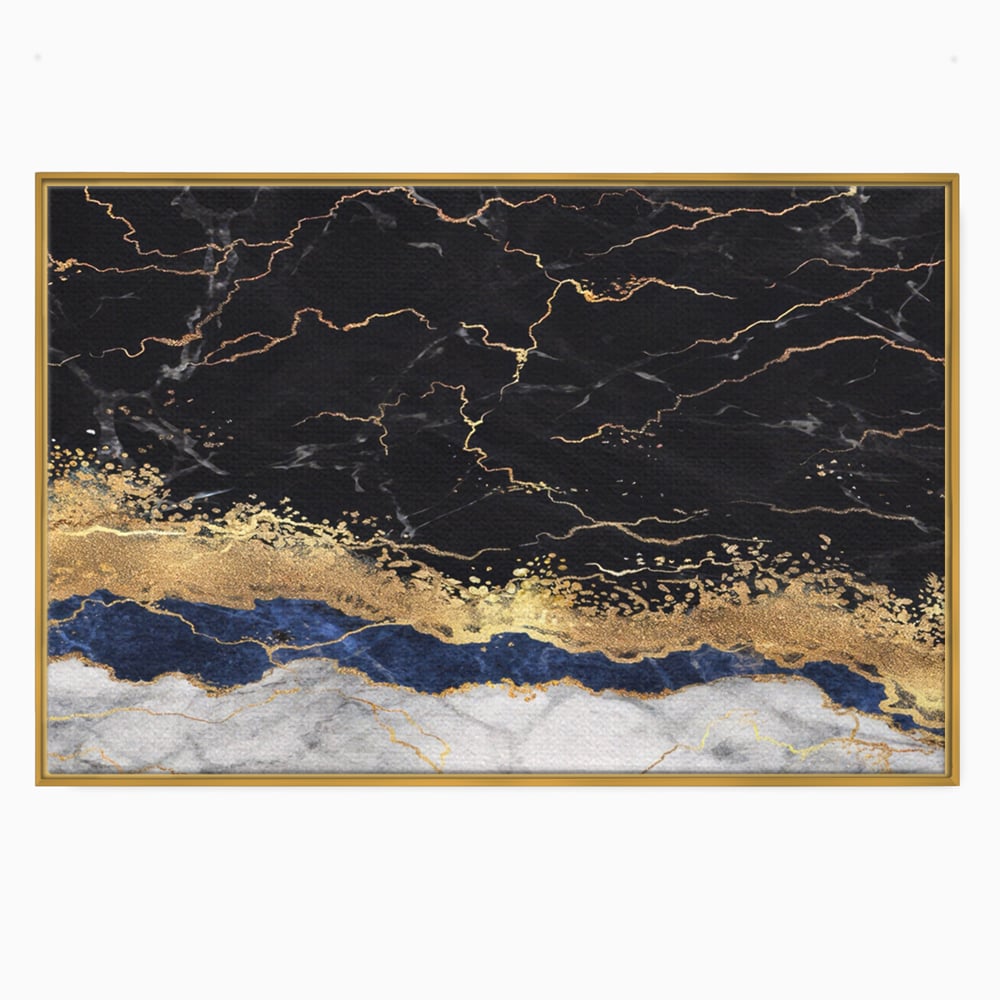 Tablou canvas cu tablou abstract cu marmura si auriu, in rama de aluminiu auriu