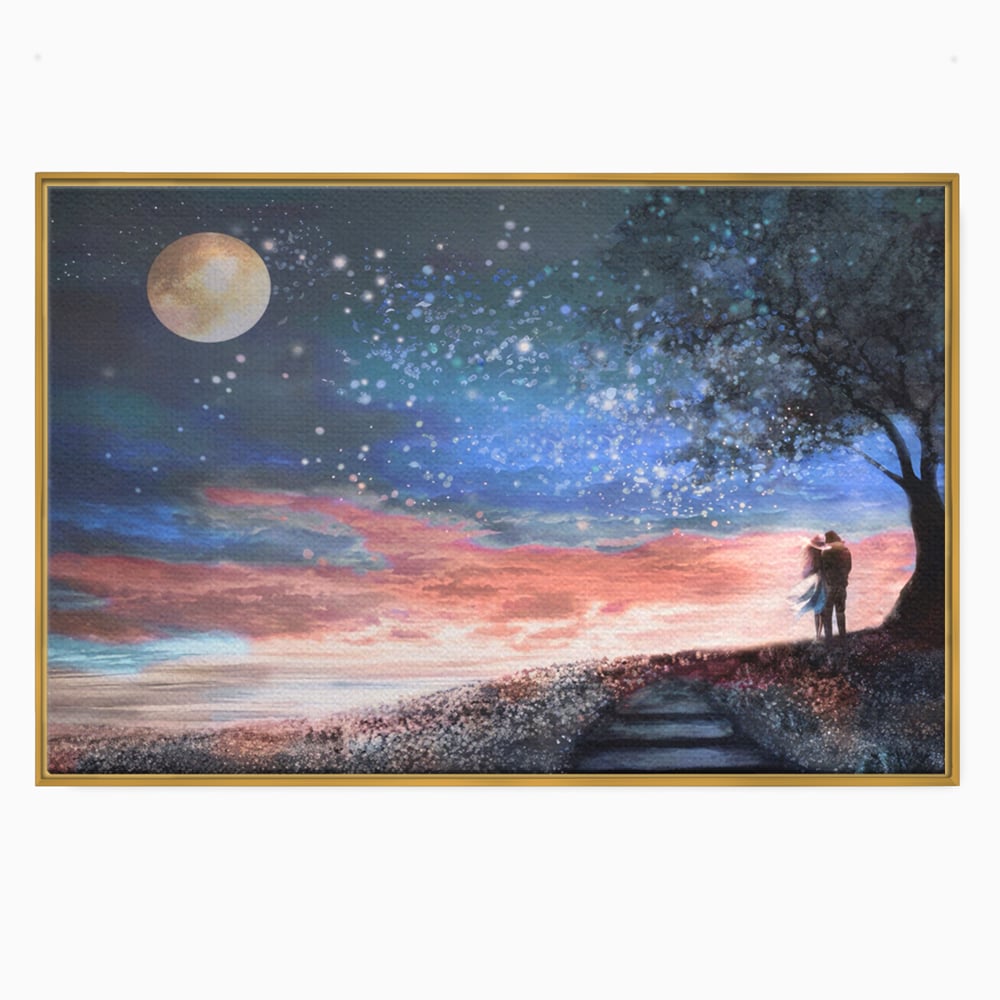 Tablou canvas cu ilustratie cuplu sub cer instelat, in rama de aluminiu auriu