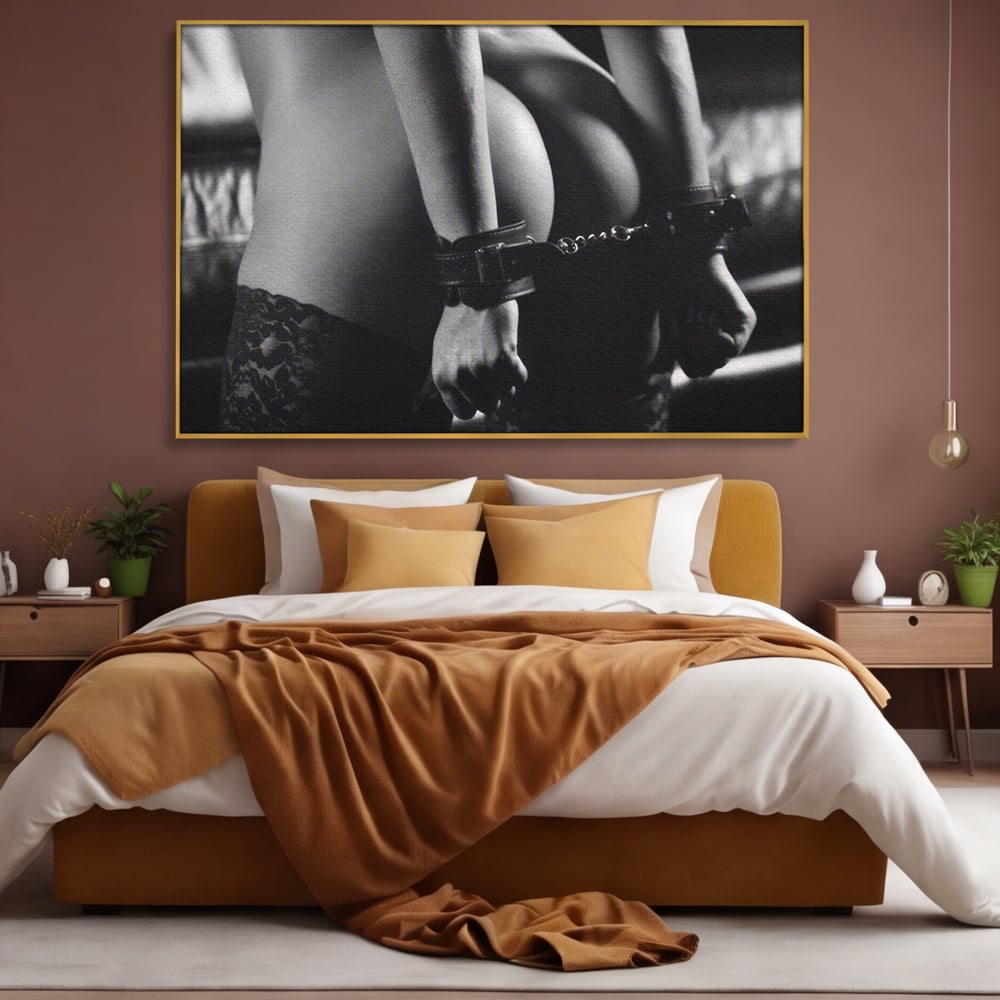 Tablou canvas cu tablou canvas cu trup nud si catuse, in rama de aluminiu auriu, pe perete intr-un dormitor