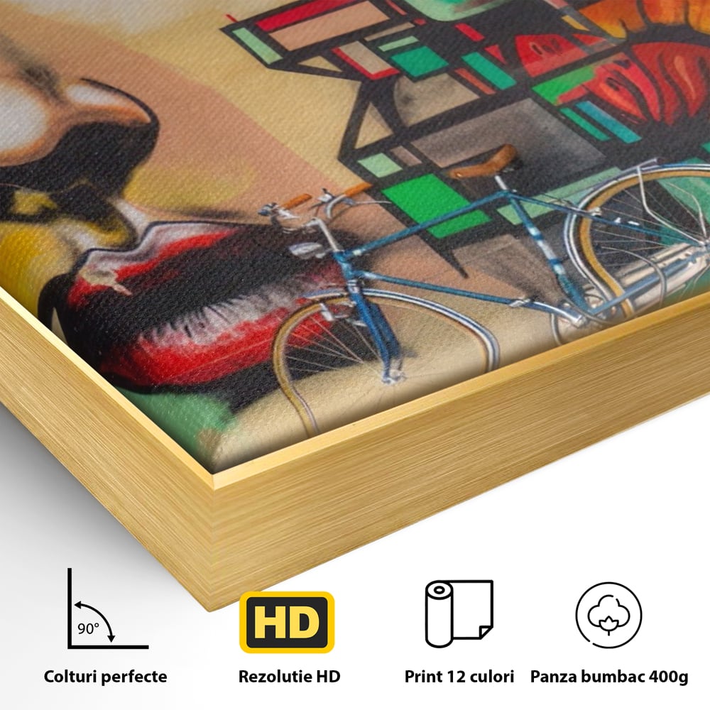 Detaliu al suprafetei: tablou canvas cu graffiti si biciclete, in rama de aluminiu auriu