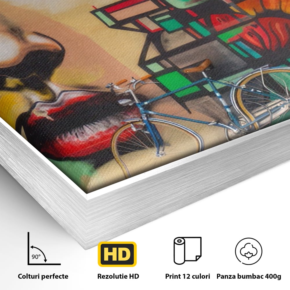 Detaliu al suprafetei: tablou canvas cu graffiti si biciclete, in rama de aluminiu argintiu