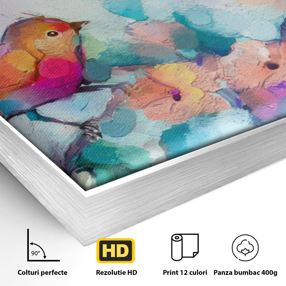 Detaliu al suprafetei: pictura digitala cu doua pasari colorate, in rama de aluminiu argintiu