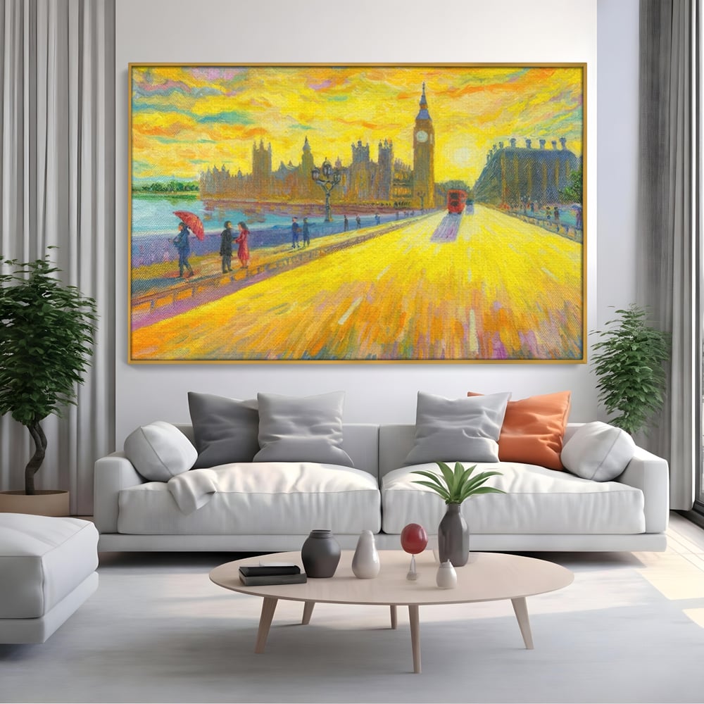 Tablou canvas cu tablou canvas cu londra si big ben, in rama de aluminiu auriu, pe perete intr-un living