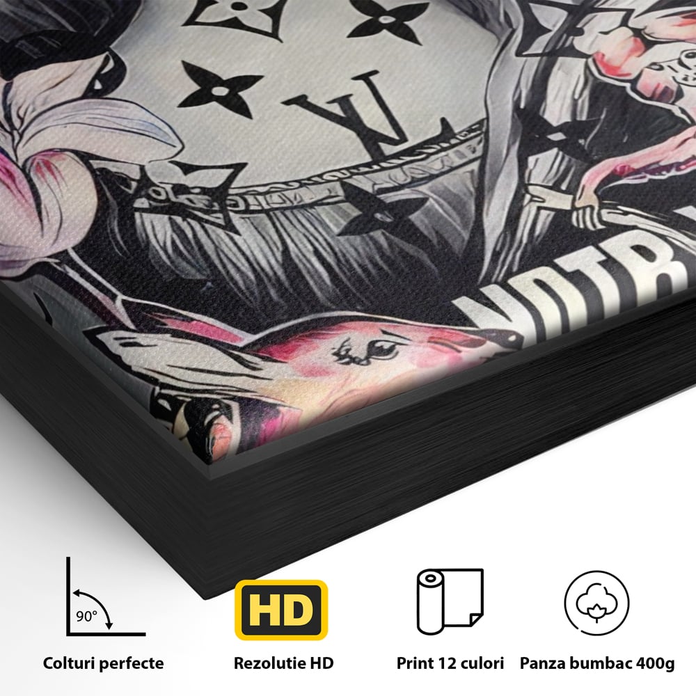 Detaliu al suprafetei: tablou canvas cu mona lisa graffiti, in rama de aluminiu negru