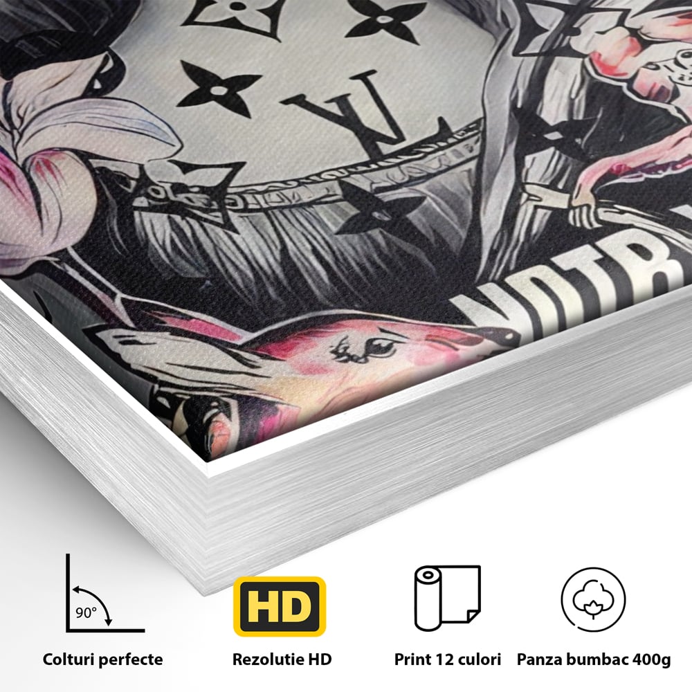 Detaliu al suprafetei: tablou canvas cu mona lisa graffiti, in rama de aluminiu argintiu