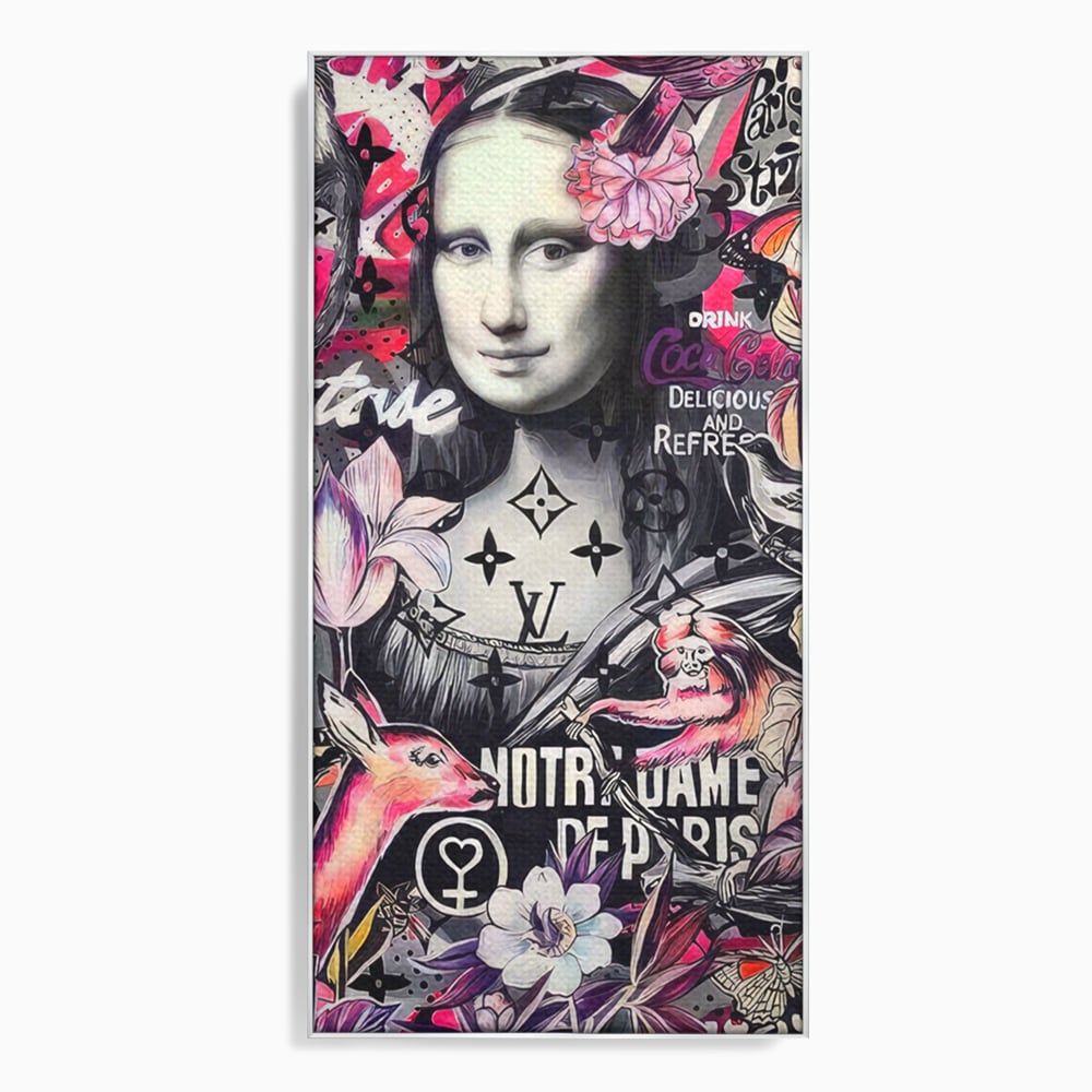 Tablou canvas cu tablou canvas cu mona lisa graffiti, in rama de aluminiu argintiu