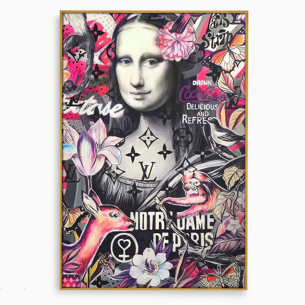 Tablou canvas cu tablou canvas cu mona lisa graffiti, in rama de aluminiu auriu