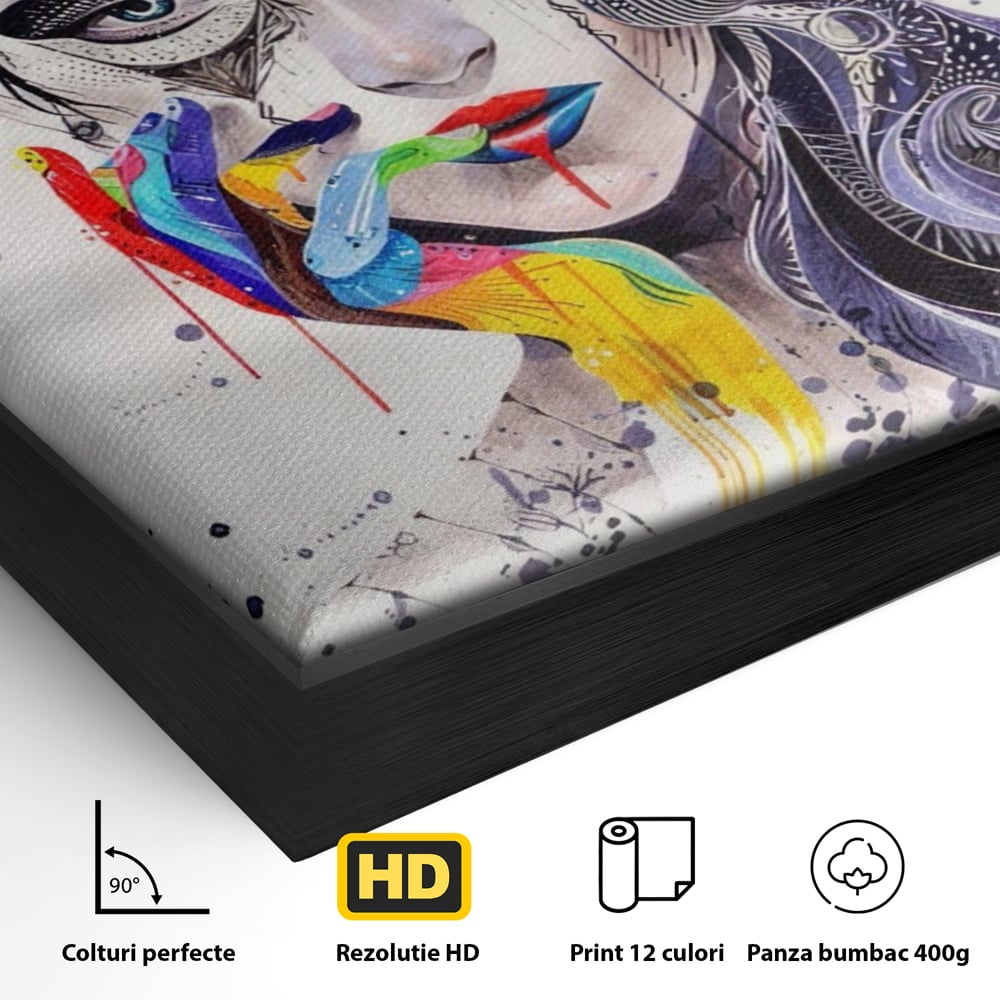 Detaliu al suprafetei: tablou canvas cu portret abstract feminin, in rama de aluminiu negru