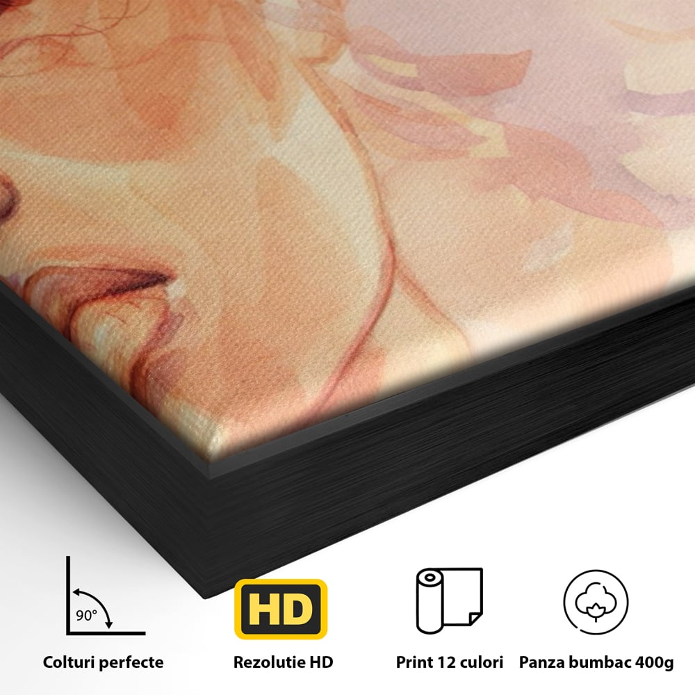 Detaliu al suprafetei: tablou canvas cu chip de femeie, in rama de aluminiu negru