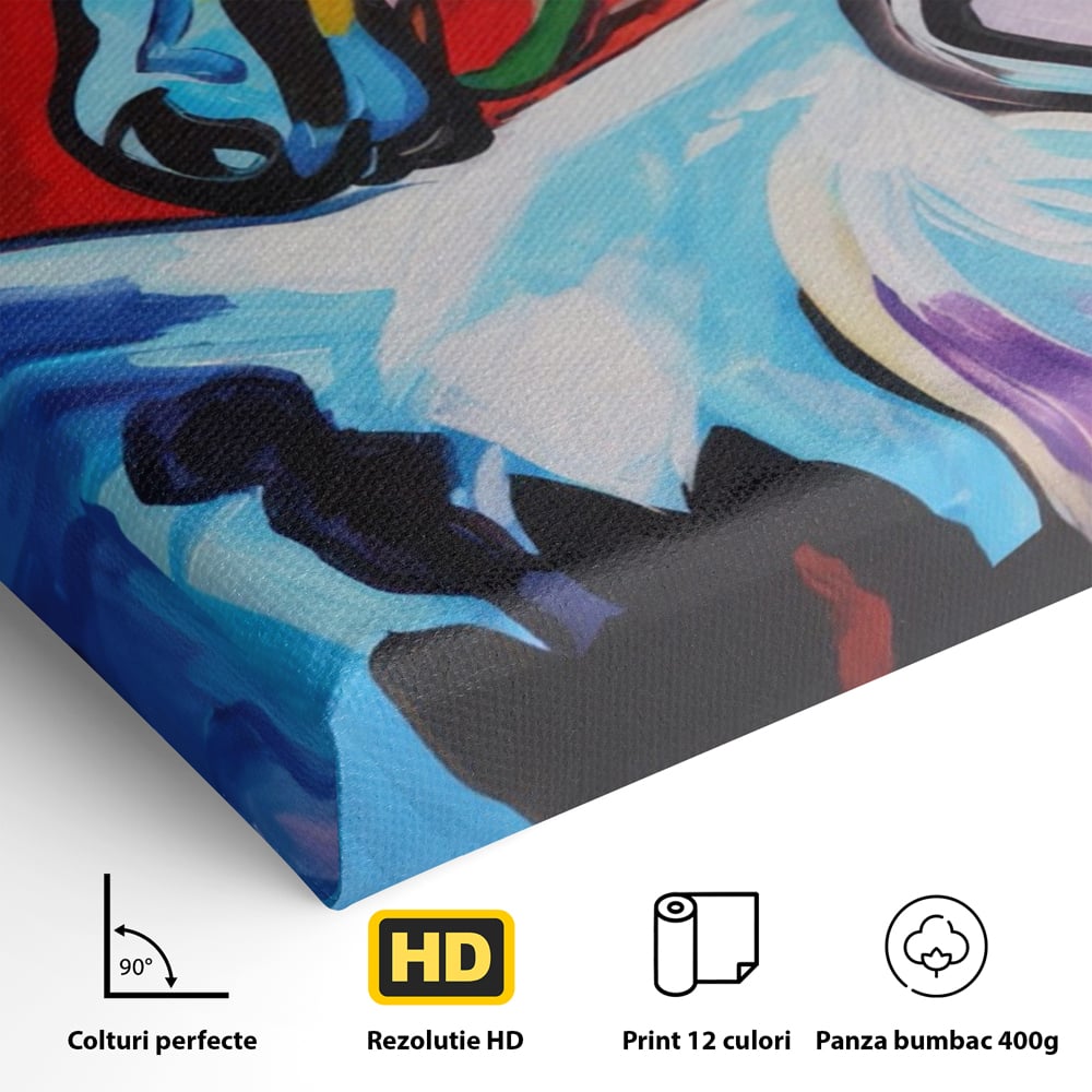 Detaliu al suprafetei: pictura canvas cu cal colorat, fara rama, pe sasiu de lemn