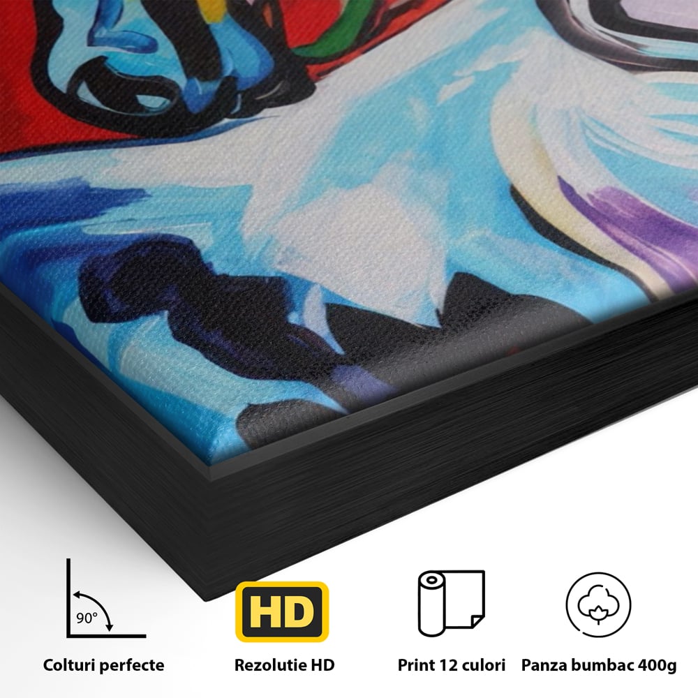 Detaliu al suprafetei: pictura canvas cu cal colorat, in rama de aluminiu negru