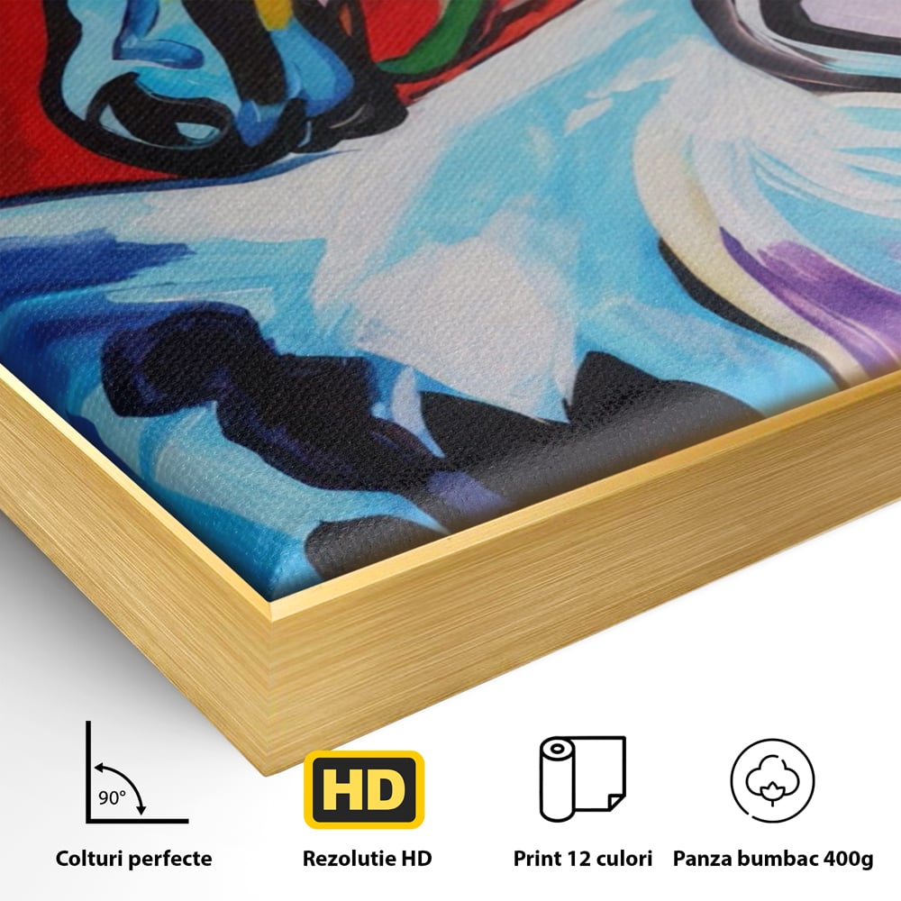 Detaliu al suprafetei: pictura canvas cu cal colorat, in rama de aluminiu auriu