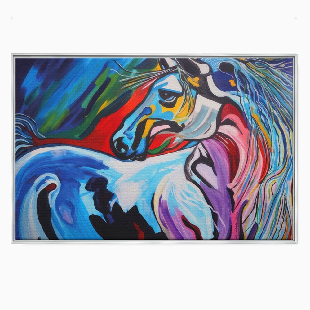 Tablou canvas cu pictura canvas cu cal colorat, in rama de aluminiu argintiu