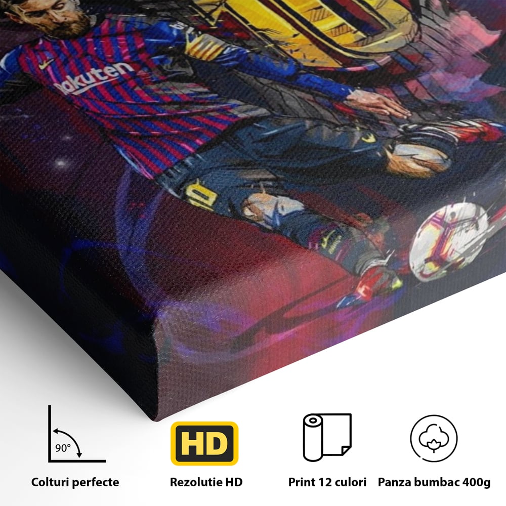 Detaliu al suprafetei: tablou canvas cu fotbalistul lionel messi, fara rama, pe sasiu de lemn