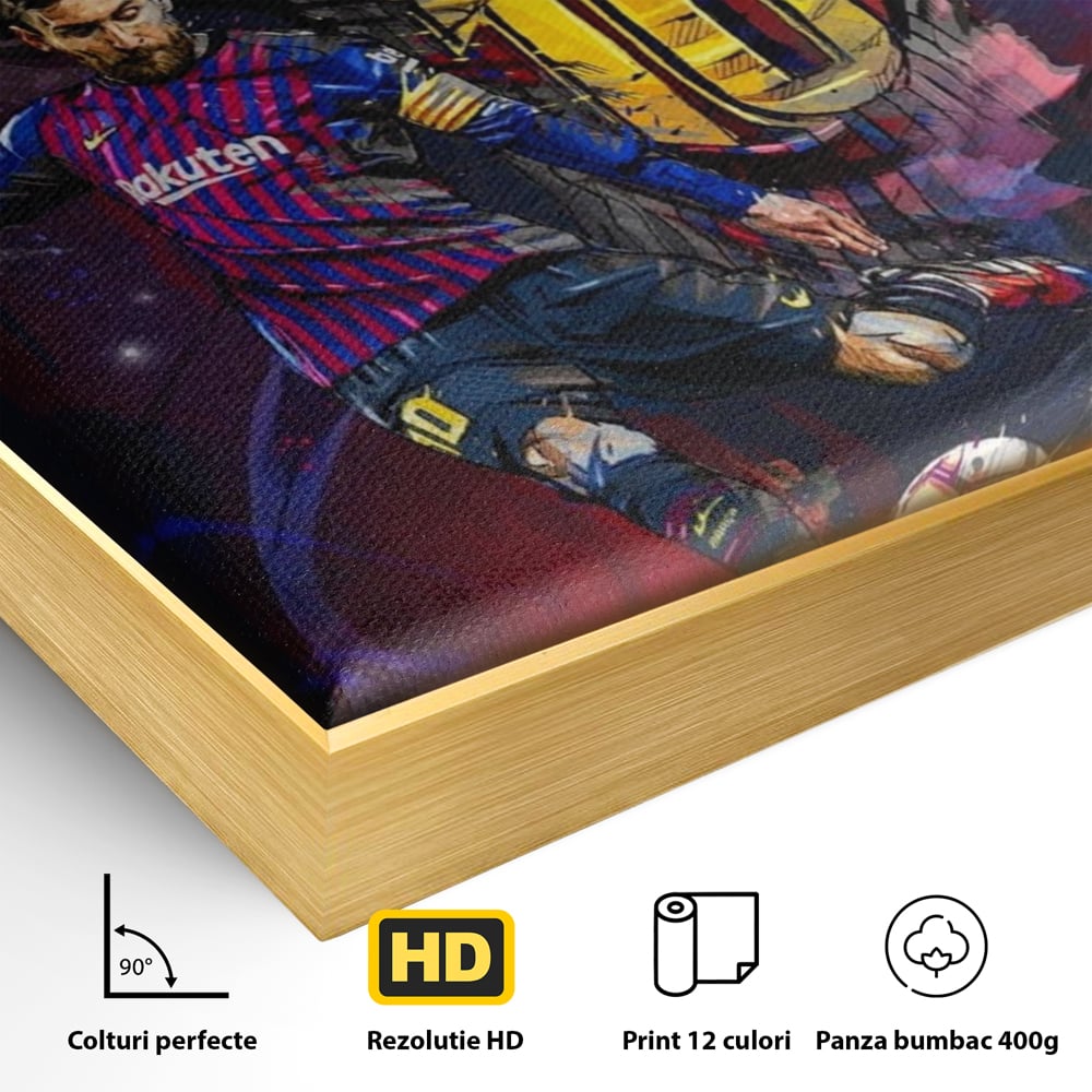 Detaliu al suprafetei: tablou canvas cu fotbalistul lionel messi, in rama de aluminiu auriu