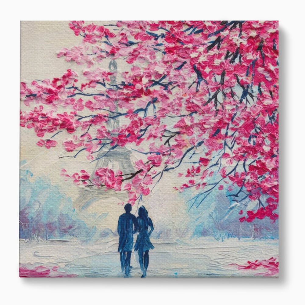 Tablou canvas cu tablou patrat cuplu sub pom roz, fara rama, pe sasiu de lemn