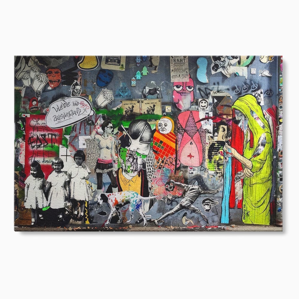 Tablou canvas cu tablou canvas cu graffiti urban si personaje, fara rama, pe sasiu de lemn