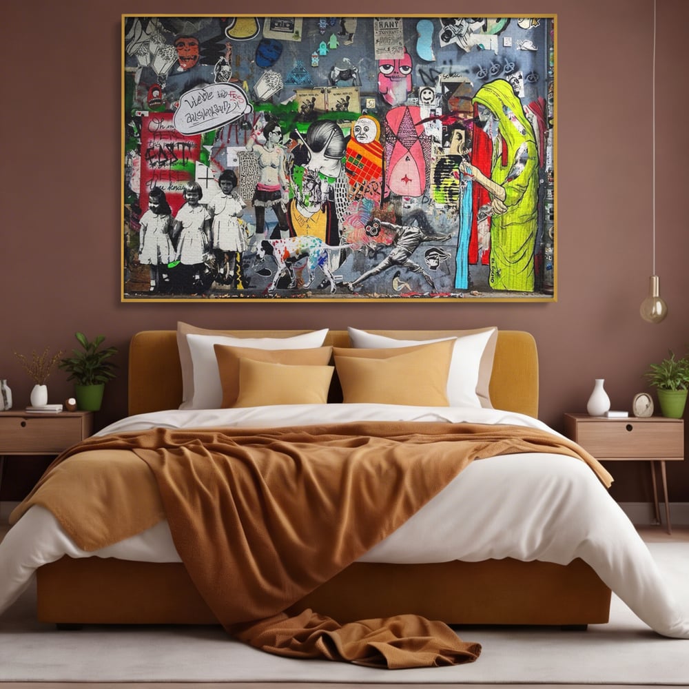 Tablou canvas cu tablou canvas cu graffiti urban si personaje, in rama de aluminiu auriu, pe perete intr-un dormitor