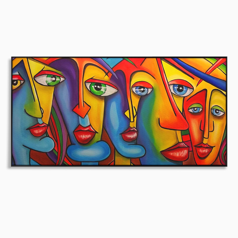 Tablou canvas cu tablou canvas cu fete abstracte colorate, in rama de aluminiu negru