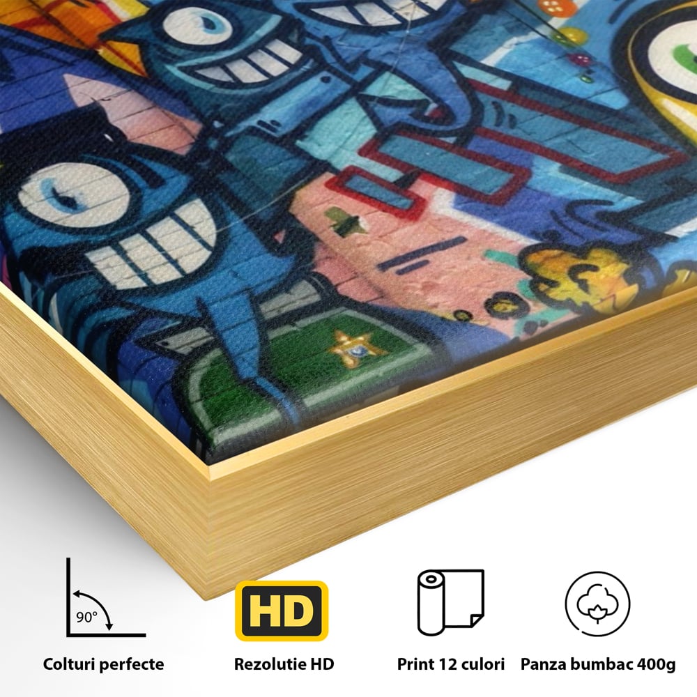 Detaliu al suprafetei: tablou canvas cu graffiti urban si personaje, in rama de aluminiu auriu