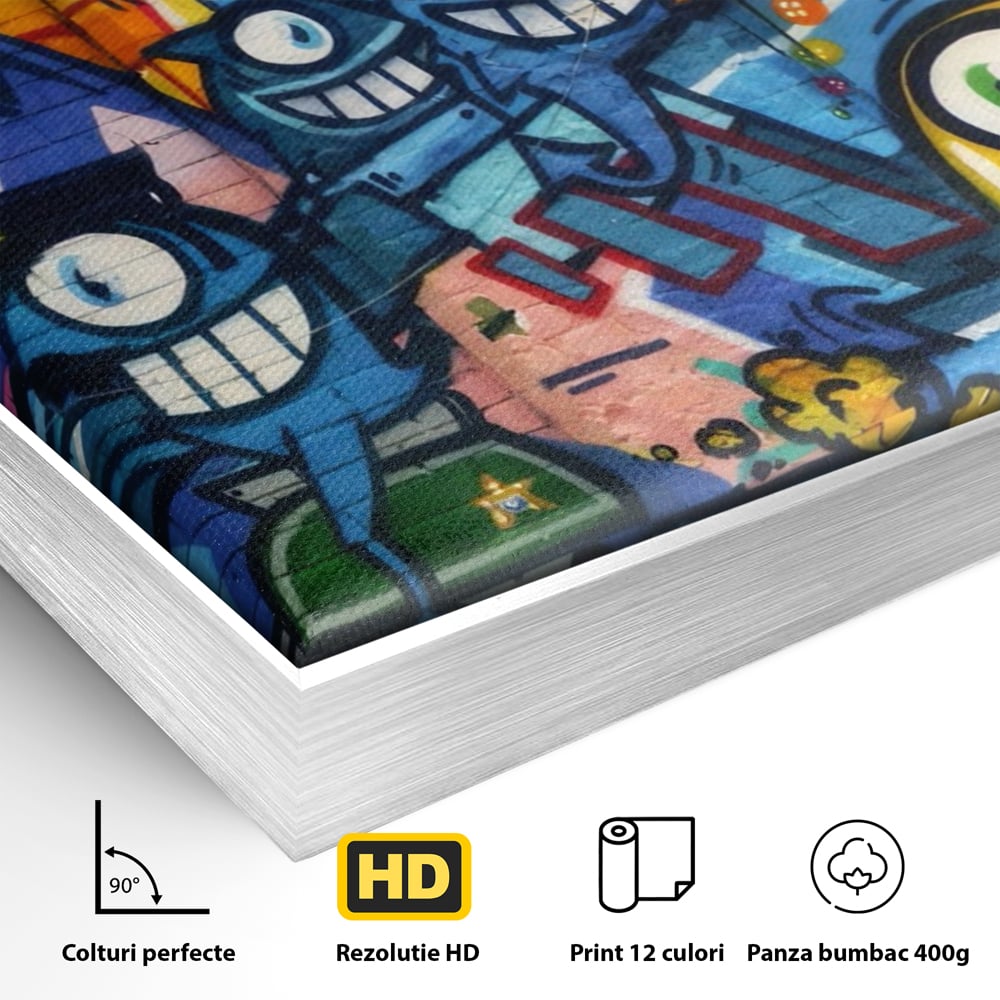Detaliu al suprafetei: tablou canvas cu graffiti urban si personaje, in rama de aluminiu argintiu