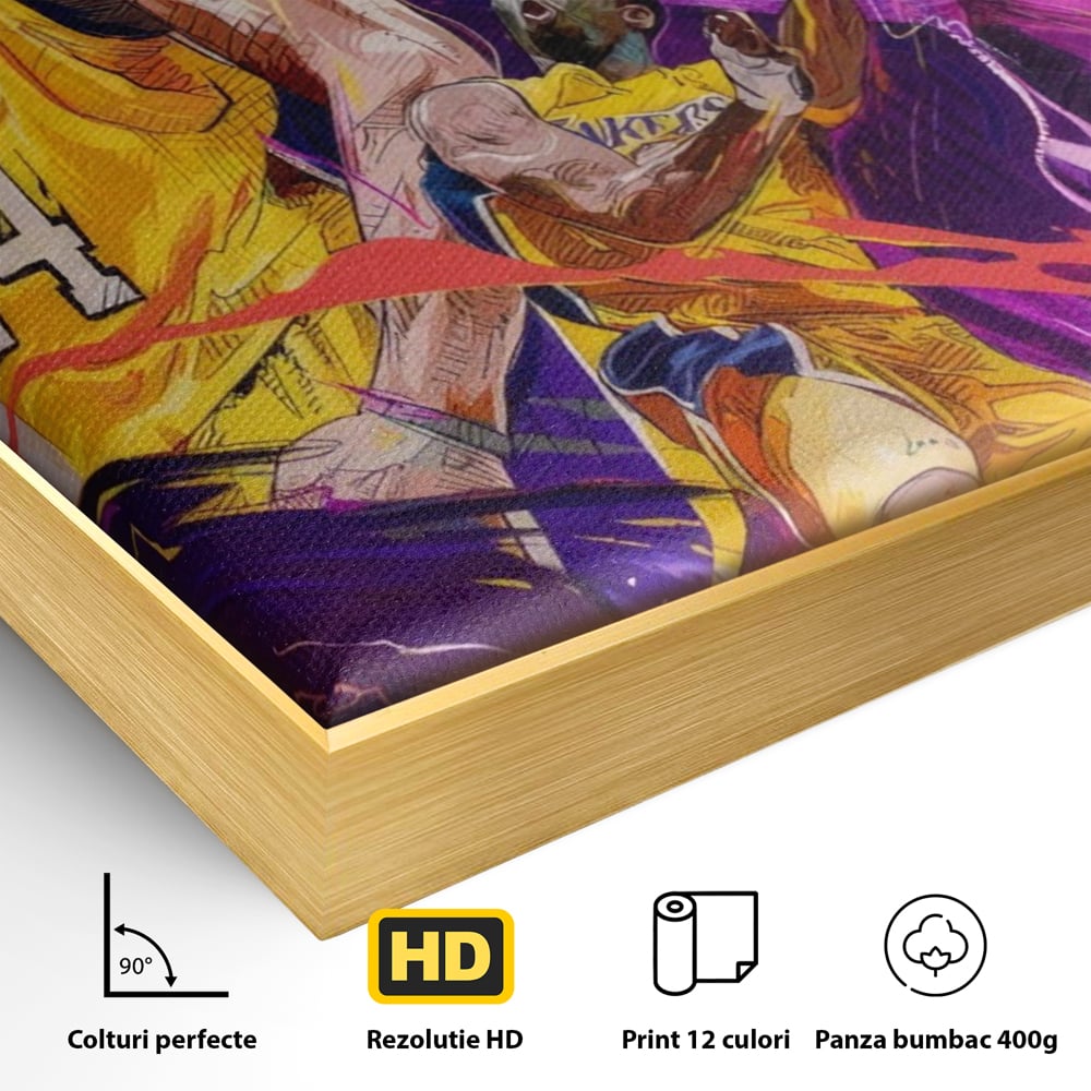 Detaliu al suprafetei: tablou canvas cu kobe bryant, in rama de aluminiu auriu