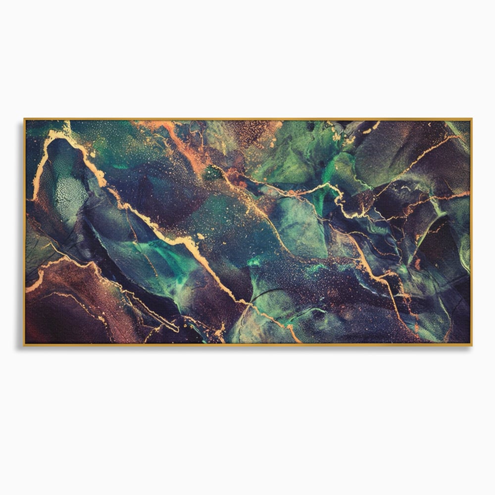 Tablou canvas cu pictura abstracta cu venaturi aurii, in rama de aluminiu auriu