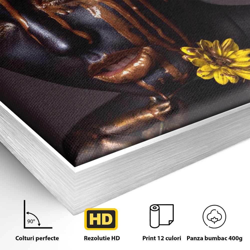 Detaliu al suprafetei: tablou canvas cu femeie si vopsea aurie, in rama de aluminiu argintiu