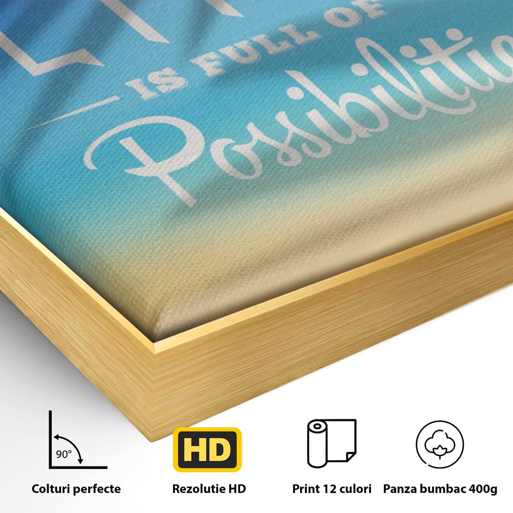 Detaliu al suprafetei: tablou motivational vertical cu mesaj, in rama de aluminiu auriu